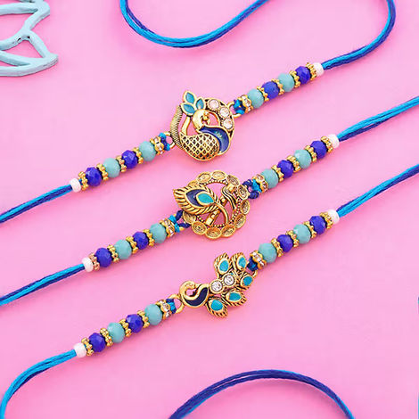 Stone Peacock Theme Beaded Rakhi Trio (Floweraura)
