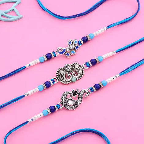 Stone Silver Intricate Design Rakhis (Floweraura) Set of 3