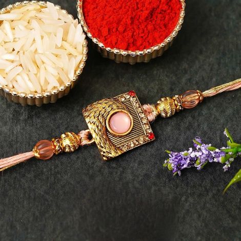 Stone Pastel Pink Golden Designer Fancy Raksha Bandhan Rakhi for Bhai Bhaiya | Roli Chawal Pack (eCraftIndia)