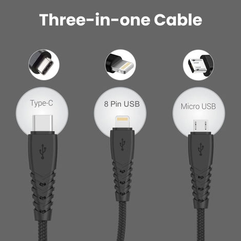 Portronics Konnect A Trio 3-In-1 USB Cable - Black | Braided and High-Speed | Fast Charging