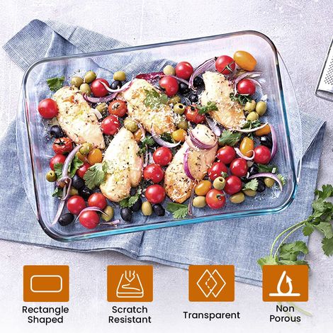 Agaro Elite Glass Baking Tray With Handle, Borosilicate Glass, Rectangle Shape, 1600ml