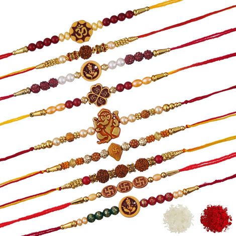 Religious Multicolor Om, Ganesha, Swastik, Rudraksha, Pearls Religious Designer Rakhis & Roli Chawal Pack (eCraftIndia) Set of 9