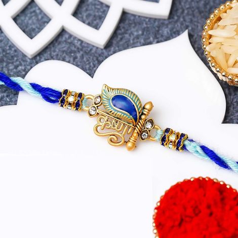 Peacock Krishna Feather Designer Rakhi for Brother, Bhai, and Bhaiya with Roli Chawal Pack (eCraftIndia)