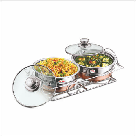 Kitchen Essentials Stainless Steel 2Pc Copper Handi Set With Glass Lid + Copper Stand (14Cm + 14Cm)
