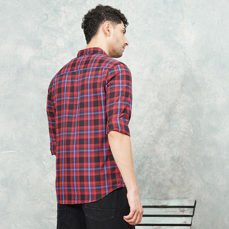 The Indian Garage Co Men's Regular Fit Checked Casual Shirt | Red - M