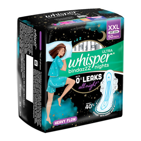 Whisper Bindazzz Nights XXL Sanitary Pads, Upto 0% Leaks All Night Long