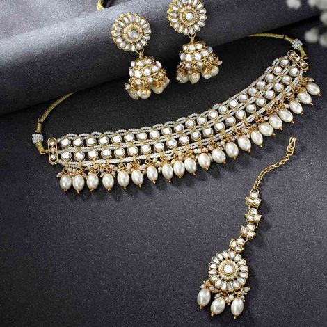 Peora Gold Plated White Kundan Choker Necklace with Jhumki Earrings & Maang Tikka Ethnic Jewelry