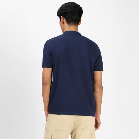 Urbano Fashion Men's Slim Fit Solid Mandarin Collar Cotton T-Shirt | Navy Blue - L