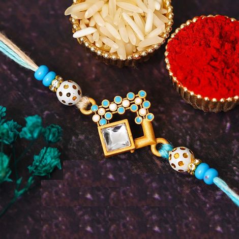 Stone Fancy Square Shape Designer Rakhi for Bhai and Bhaiya | Roli Chawal Pack (eCraftIndia)