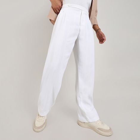 Campus Sutra Men's Tailored Linen-Blend Trousers | White - 32