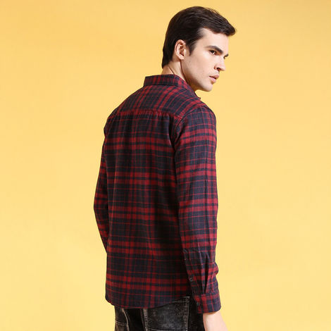 The Indian Garage Co Men's Slim Fit Checkered Casual Shirt | Navy Blue - S