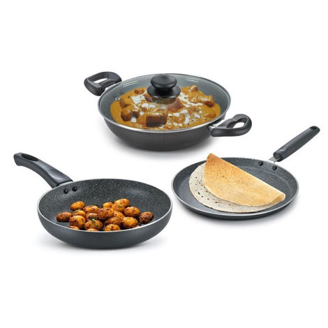 Prestige Omega Deluxe Granite Non-Stick Byk Cookware Set (Aluminum)|Black, 3 Piece