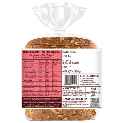 The Health Factory Zero Maida Multigrain Bread | Clean Label - Not Brown