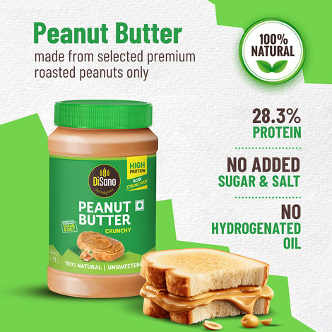 DiSano Natural Peanut Butter - Crunchy, Unsweetened, 28.3% Protein, No Added Sugar,100% Peanut