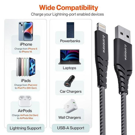Ambrane RCL -15 USB To Lightning 3A Fast Charging Braided Lightning Cable Compatible For iPhone 14,13, 12,11, X, 8, 7, 6, 5, Ipad, Macbook, Imac, Airpods, 480Mbps Data Sync, 1.5Meter Long - Black