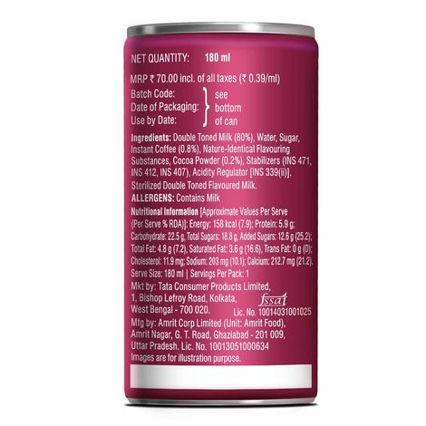 Tata Cold Coffee Belgian Chocolate Iced Coffee, Rich & Creamy, Flavoured Milk, Can