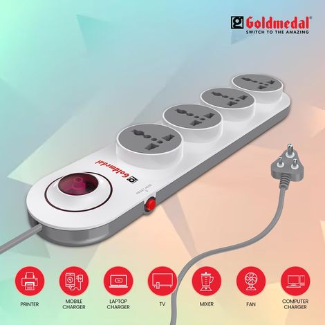 Gold Medal Logica 4X1 Spike Guard | 4 Universal Sockets | Master Switch with Indicator & Surge Protector | 2 Meter Extension Cord | Multi Plug for Home & Office