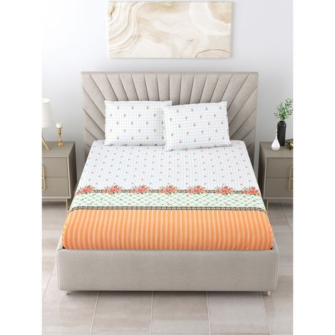 Bombay Dyeing Thyme 210 TC 100% Cotton Satin Peach Super King Size Bedsheet with 2 Pillow Covers