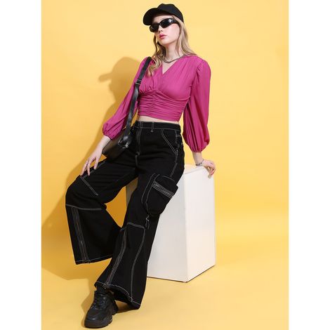 Ketch Women's Puff Sleeve Crop Top | Pink - M