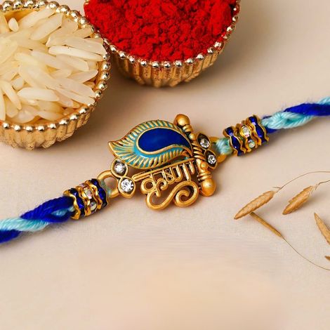 Peacock Krishna Feather Designer Rakhi for Brother, Bhai, and Bhaiya with Roli Chawal Pack (eCraftIndia)