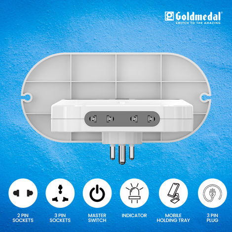 Gold Medal Wall-E-3 Pin Plug Travel Adaptor with Mobile Stand | Universal Sockets | Multiplug for Home & Office Appliances | Supports 2-Pin & 3-Pin Plugs