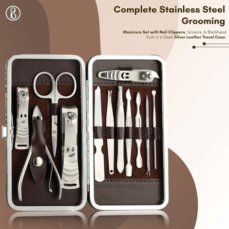 Beaute Secrets Essentials Manicure Set Nail Clippers Grooming Kit with Leather Travel Case