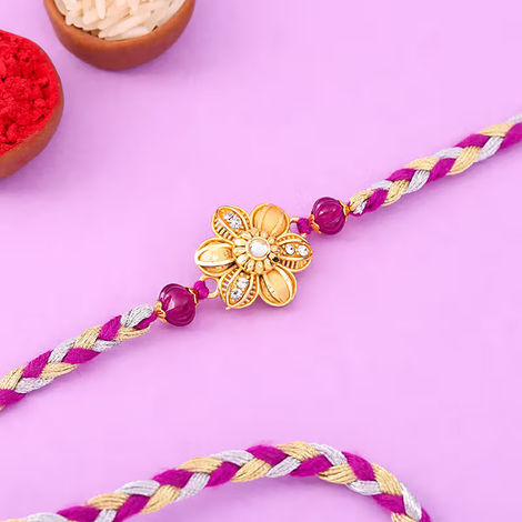 Stone Golden Bloom Shimmering Rakhi (Floweraura)