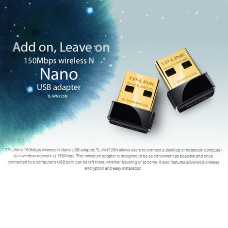 TP-Link TL-WN725N 150Mbps Wireless Network Nano USB Adapter for PC - Black