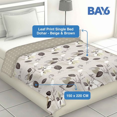 BAY6 Microfibre Leaf Print Single Bed Dohar - Beige & Brown | 150 x 220 cm