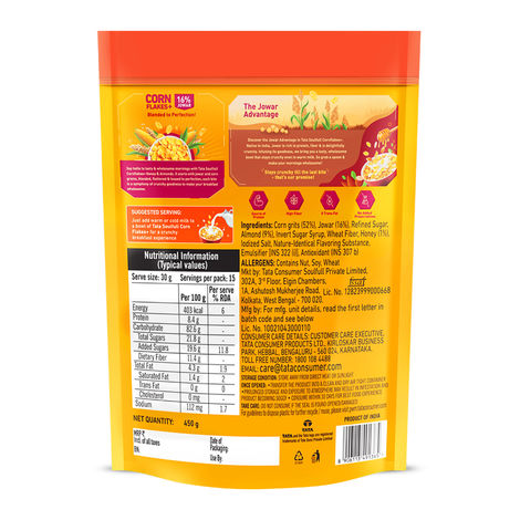 Tata Soulfull Corn Flakes, Honey & Almonds, Crunchy Corn & Millets, Baked Not Fried, High Fiber