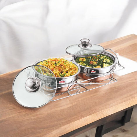 Kitchen Essentials Stainless Steel 2Pc Copper Handi Set With Glass Lid + Copper Stand (14Cm + 14Cm)