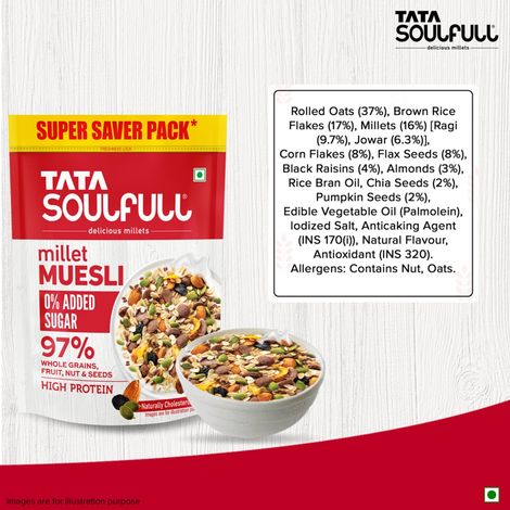 Tata Soulfull Millet Muesli, 0% Added Sugar 97% Whole Grains Fruit, Nut & Seeds Breakfast Cereal