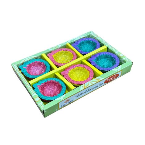 Multicolour Leaf Shaped Diya | Designer Clay Diya | Pack Of 6 | DiaCraft