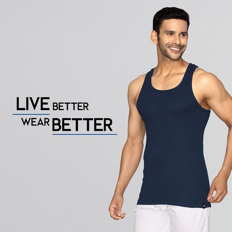 XYXX Men's Cotton Solid Ribbed Round Neck Vest, Pack of 2 , Black Iris & Olive| XL