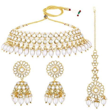 Peora Gold Plated White Kundan Choker Necklace with Jhumki Earrings & Maang Tikka Ethnic Jewelry