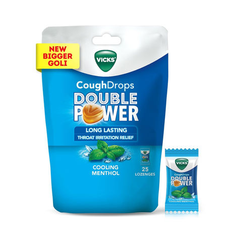 Vicks Cough Drops Double Power (Menthol). Bigger Drop With 2X Ayurvedic Mix, 25 Lozenges