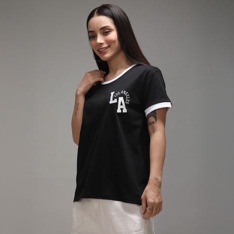 Dillinger Women's Short Sleeve Boxy Regular Varsity Embroidery T-shirt | Black - XL