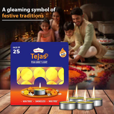 Tejas Puja Ghee T-Light Candles | Yellow | Wax | Pack of 25 | Tealight Candle-Pooja | Shubhkart