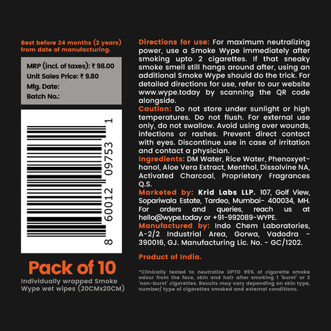 Wype - After - Smoke Odour Neutralizing and Refreshing Wet Tissue