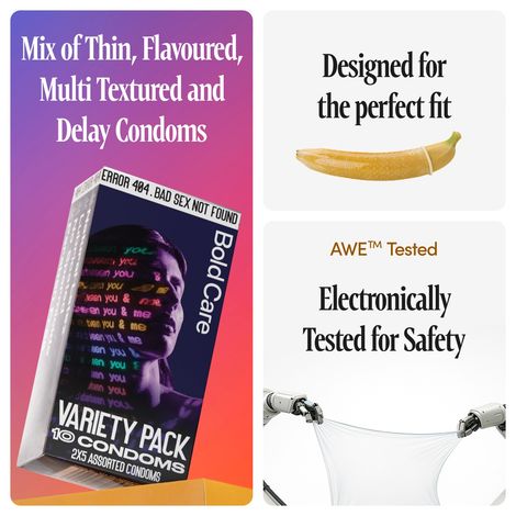 Bold Care 404 By Variety Pack Condoms - Ultra Thin, Multi-Textured, Nano Thin, Chocolate Flavour, & Strawberry Flavoured Condoms