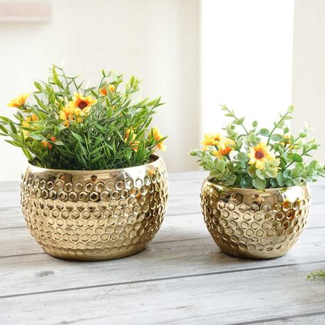 Behoma Metal Honeycomb Design Planter - Gold | Set of 2 | 4.9 Inch & 3.9 Inch