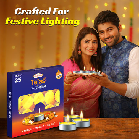 Tejas Puja Ghee T-Light Candles | Yellow | Wax | Pack of 25 | Tealight Candle-Pooja | Shubhkart