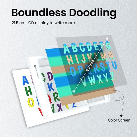 Portronics Ruffpad One Transparent Multicolor LCD Writing Pad with 8.5 inch Writing Area, India's first notepad to save and share your child's first creatives via Ruffpad app on your Smartphone - White