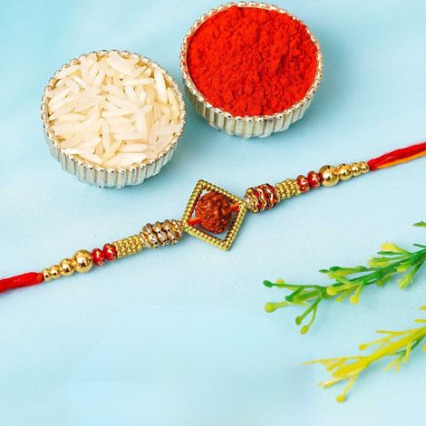 Religious Rudraksha Rakhi for Brother | Raksha Bandhan Rakhi for Bhai Bhaiya | Rakhi with Roli Chawal Pack (eCraftIndia)