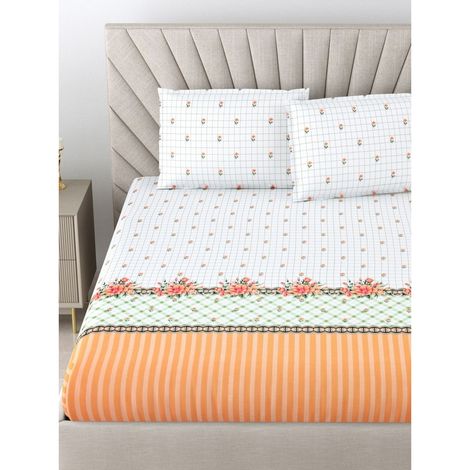 Bombay Dyeing Thyme 210 TC 100% Cotton Satin Peach Super King Size Bedsheet with 2 Pillow Covers