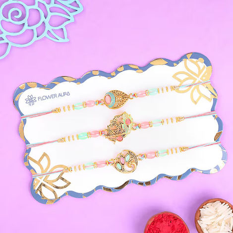 Stone Pastel Charm Rakhi Trio (Floweraura)
