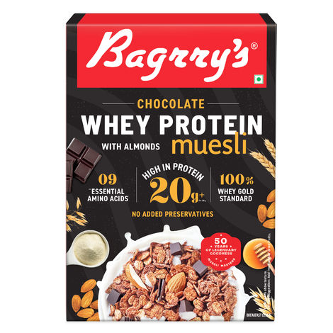 Bagrry's Whey Protein Chocolate Muesli with Almonds | 20g protein | 100% Whole Oats | 500gm carton