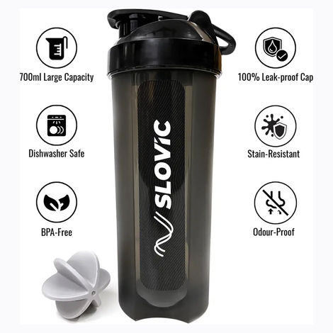 Slovic 700ml Protein Shaker for Gym and Sports - Leak-Proof - Black