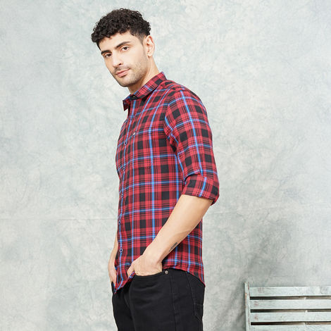 The Indian Garage Co Men's Regular Fit Checked Casual Shirt | Red - M