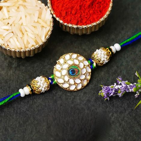 Peacock Colorful Feather Pearls Designer Rakhi for Brother, Bhai, and Bhaiya with Roli Chawal Pack (eCraftIndia)